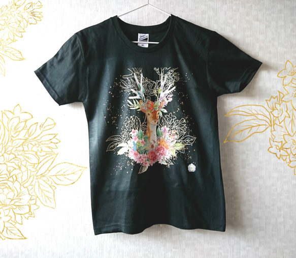 【3カラー・受注生産】Deer T-shats-鹿と花のTシャツ 1枚目の画像