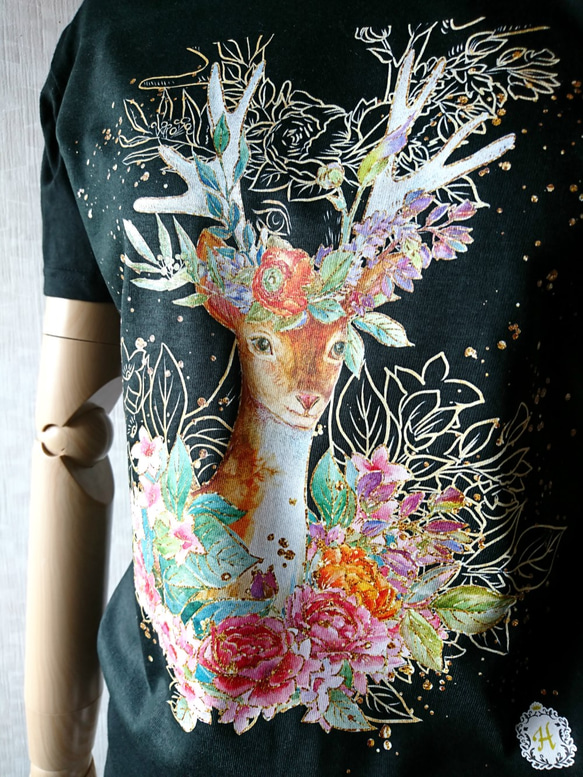 【3カラー・受注生産】Deer T-shats-鹿と花のTシャツ 2枚目の画像