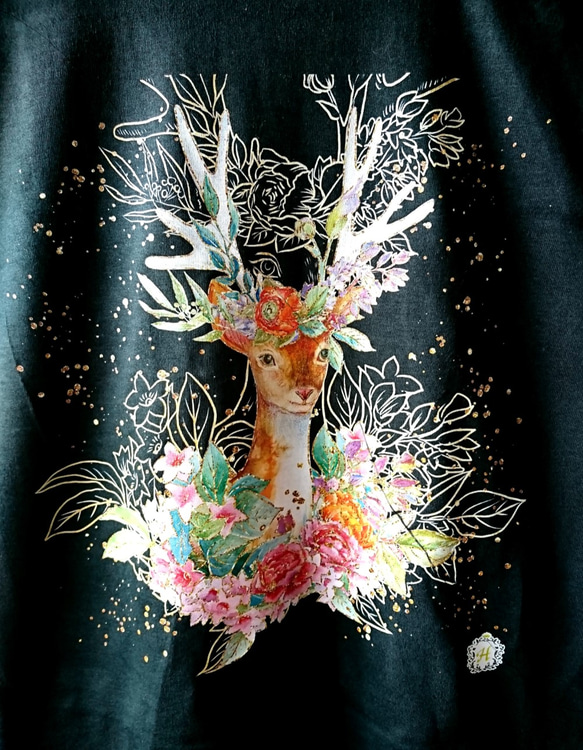 【3カラー・受注生産】Deer T-shats-鹿と花のTシャツ 6枚目の画像