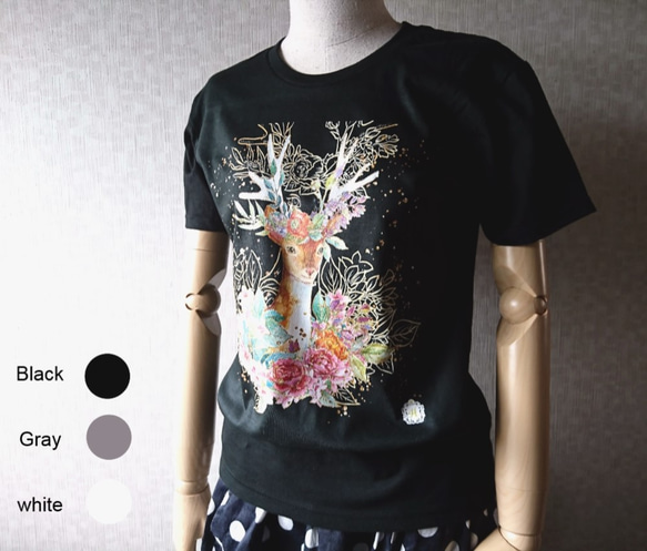 【3カラー・受注生産】Deer T-shats-鹿と花のTシャツ 5枚目の画像