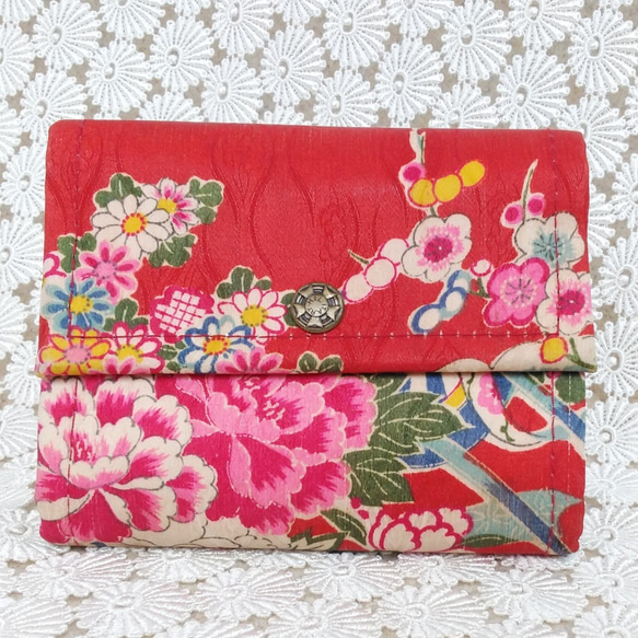 二つ折り財布　着物･赤 1枚目の画像