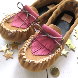 莫卡辛鞋手工製作莫卡辛真皮米色/粉色 第1張的照片