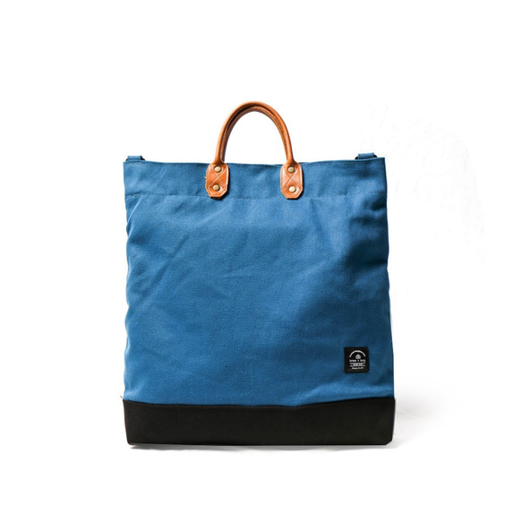 簡約L號真皮帆布購物袋 手提包 含背帶 天空藍 第1張的照片