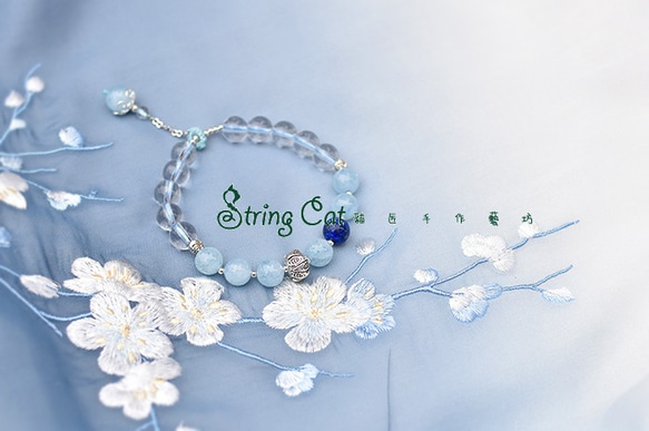 【String Cat】《魚悅》原創925純銀天然海藍寶開運手鍊 青金石 白水晶 招財 第4張的照片