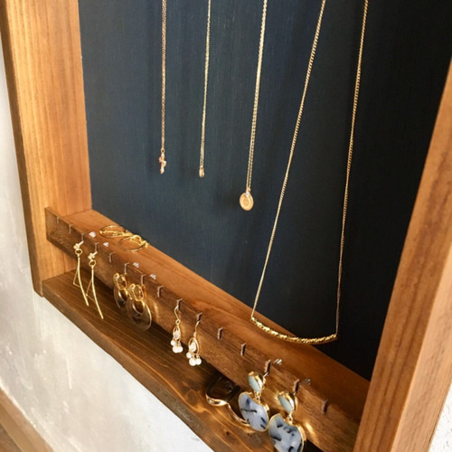 木とネイビー☆壁掛け・アクセサリー収納 ネックレス ピアス