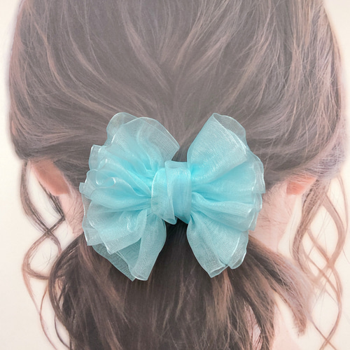 ドレスみたいなオーガンジーリボンのヘアゴム （ブルートパーズ  