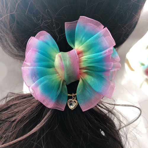 オーガンジーリボンヘアゴム ローズハート ブルー ヘアゴム リボン ハート ストーン オーガンジー おしゃれ ハンドメイド