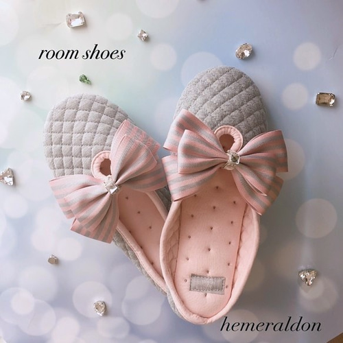 人気アイテム再販！】ストライプリボンのふわふわスリッパM（グレー