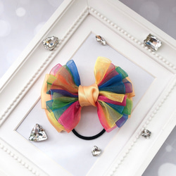 【レインボー】ナチュラルリボン♡ヘアゴム パリスキッズ ヘアゴム リボン レインボー オーガンジー 虹色 ヘア