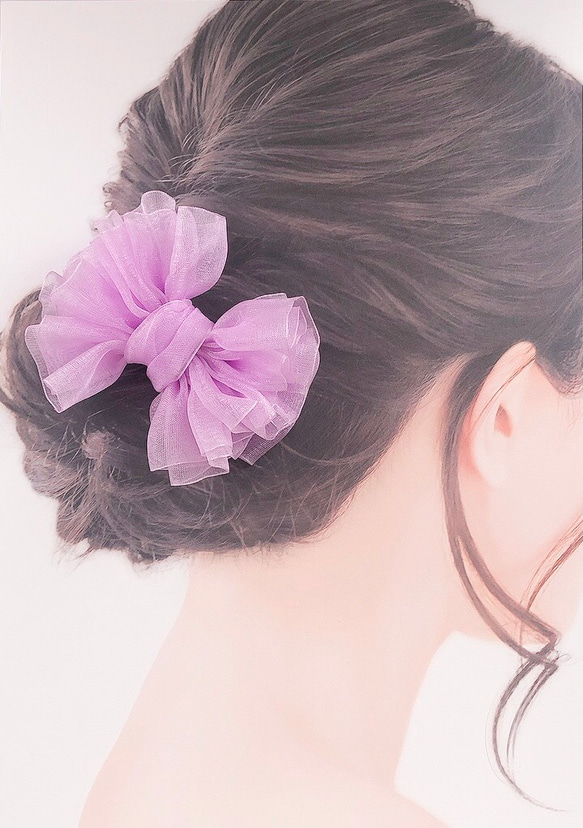 ドレスみたいなオーガンジーリボンのヘアゴム （ラベンダー）♡フリルいっぱい♡ 1枚目の画像