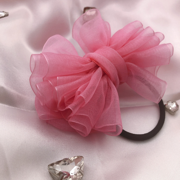 ドレスみたいなオーガンジーリボンのヘアゴム （ピンク）♡フリル  