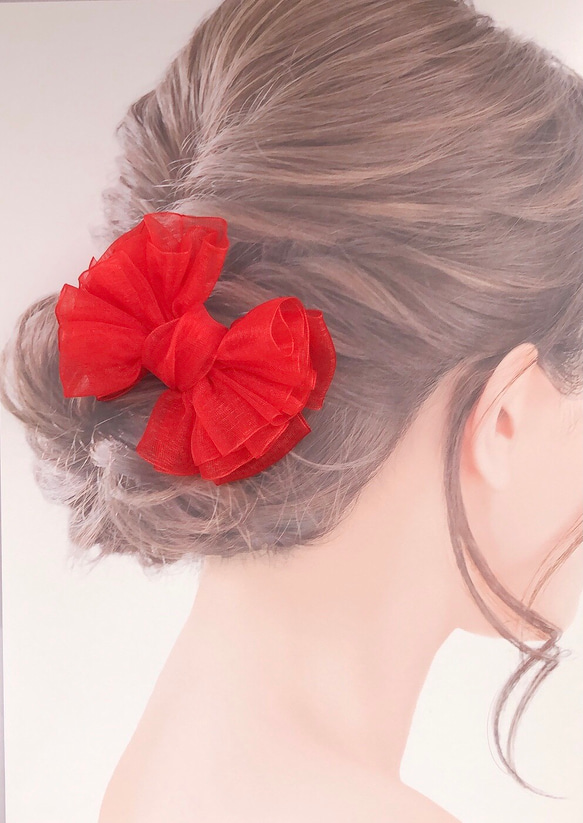 ドレスみたいなオーガンジーリボンのヘアゴム （レッド）♡フリルいっぱい♡ 1枚目の画像