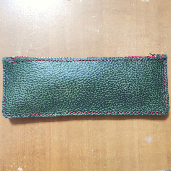 綠色鉻鞣真皮筆袋 筆袋 真皮 鉻鞣 手作 手縫 特價 第3張的照片
