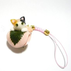 にゃんこのしっぽ○桜餅ストラップ〇桜〇三毛猫〇猫 携帯ストラップ