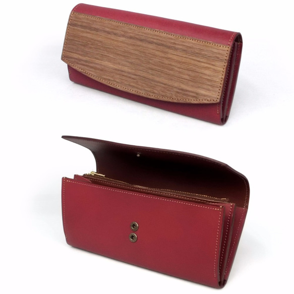 木と革の長財布 --- 贅沢な総革仕上げ　[レッド] 2枚目の画像