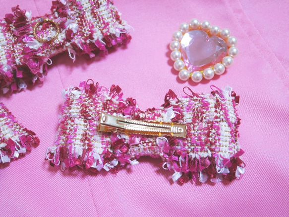 【ピンク・ツイード】ゴージャス&可愛いリボンのヘアクリップ 3枚目の画像