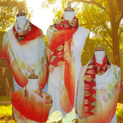 絲巾,披肩,雪紡絲,漸層橘黃色,葉子,四季使用, 精美禮品,原創印花設計 第6張的照片