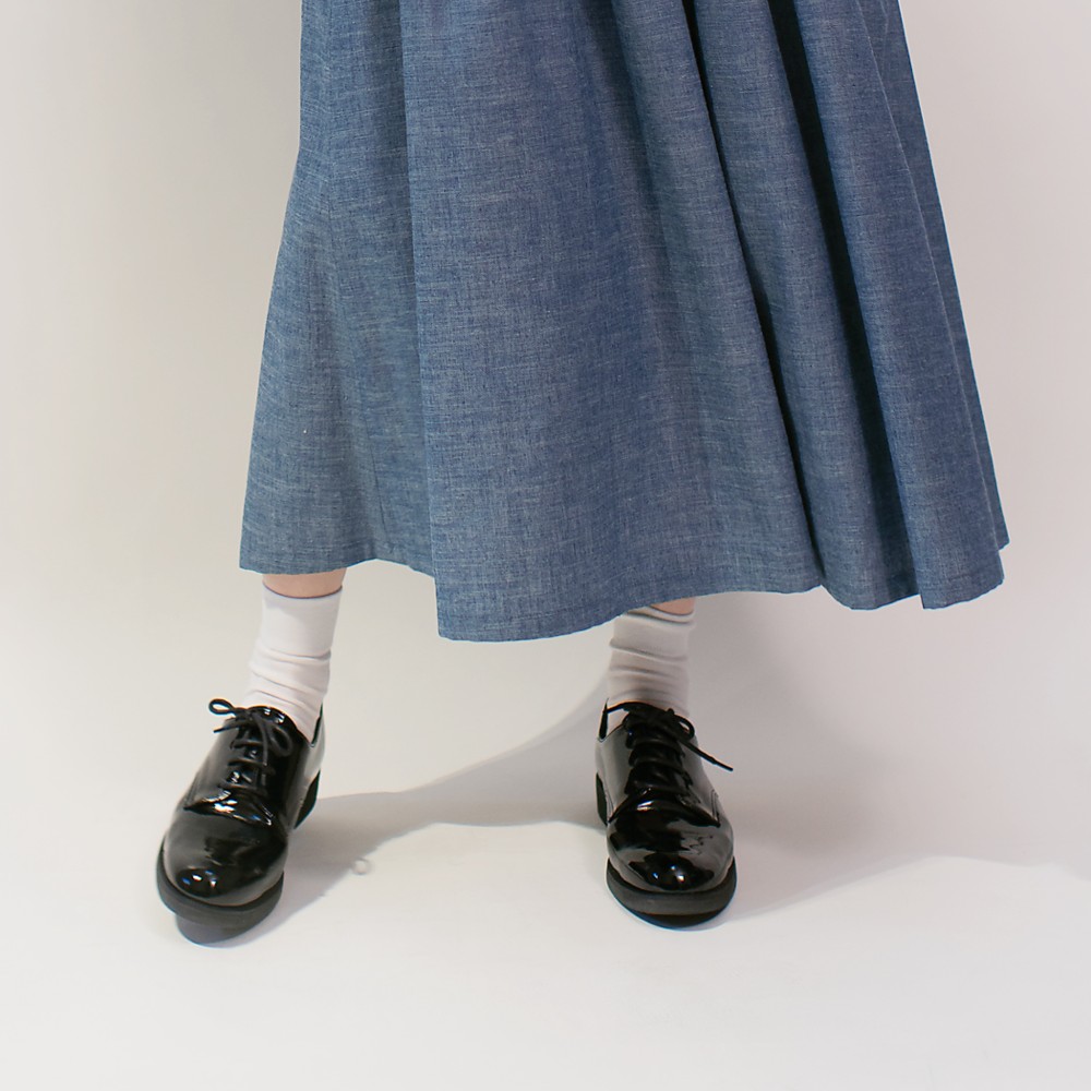 ●終売・在庫限り●岡山デニム きれいな水色 シャンブレー ギャザー ロングスカート ブルー ●LICO●