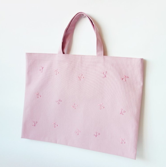 レッスンバッグ　さくらんぼ 刺繍　ピンク　ストライプ チェリー 女の子 3枚目の画像