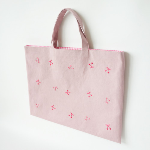 レッスンバッグ さくらんぼ 刺繍 ピンク ギンガムチェック