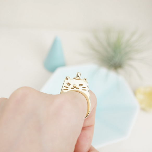 【 Cami Handicraft 】紳士貓平面造型戒 - 純黃銅款 第8張的照片