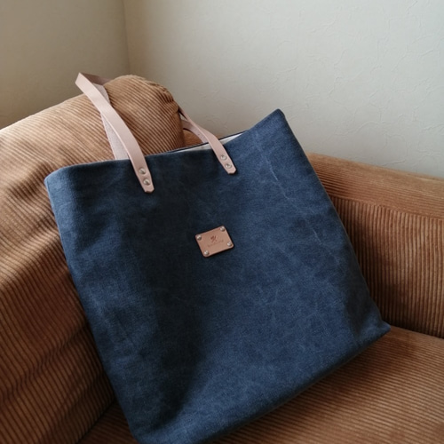 倉敷帆布と栃木レザーのヴィンテージブルートートバック