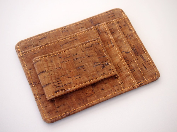 自然主義の自然主義的なダークブラウンのコルクの薄い短いカード財布シルバーバッグ紙幣クリップ（B） 3枚目の画像