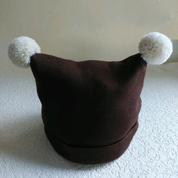 【1～2歳】ポンポンお耳のニット帽★裏布コットン（ブラウン×イエロー) 4枚目の画像
