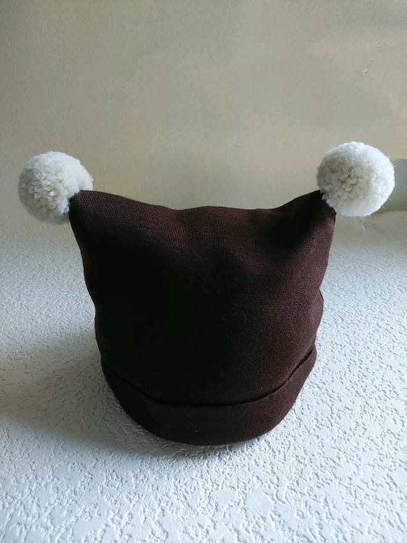 【1～2歳】ポンポンお耳のニット帽★裏布コットン（ブラウン×イエロー) 4枚目の画像