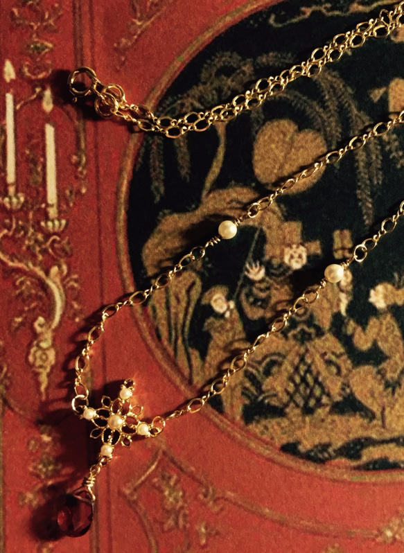 紅石榴石珍珠花墜18KGF項鍊 Garnet pendant x Pearl Charm Necklace 第1張的照片