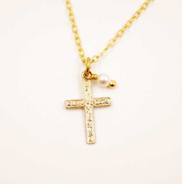 BDJ－Prière～14KGF雕花十字架x施華洛世奇珍珠項鍊 Carved 14KGF Cross Necklace 第2張的照片