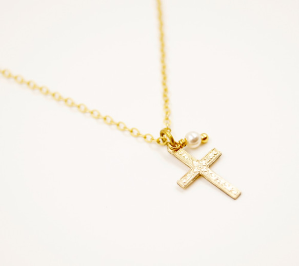 BDJ－Prière～14KGF雕花十字架x施華洛世奇珍珠項鍊 Carved 14KGF Cross Necklace 第3張的照片