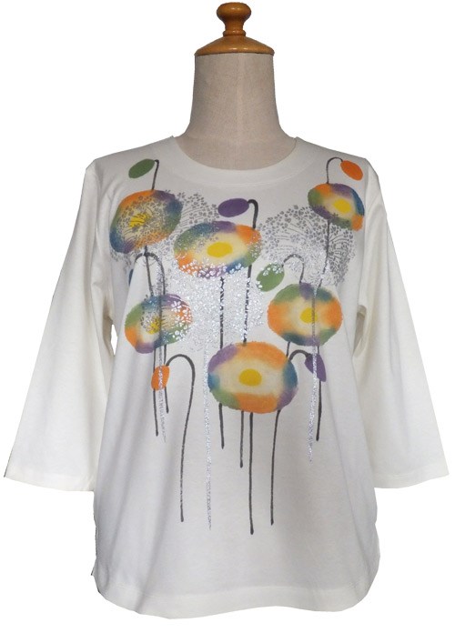 Creema限定 母の日ギフト　手描きカットソー　七分丈　「ポピーとレースフラワー」オフホワイト　ラッピング無料