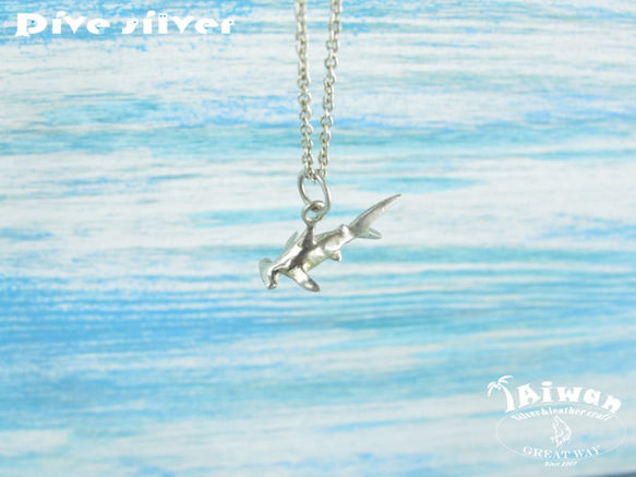 【Diving silver】925銀海洋潛水銀飾--迷你3D鎚頭鯊項鍊 第1張的照片