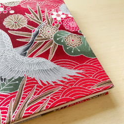 赤色　鶴と花模様/見開きタイプ御朱印帳 ジャバラノート 3枚目の画像
