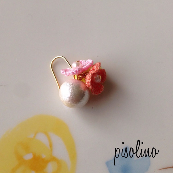 お花のかんむり コットンパール ピアス 〜Pink・Yellow〜 2枚目の画像