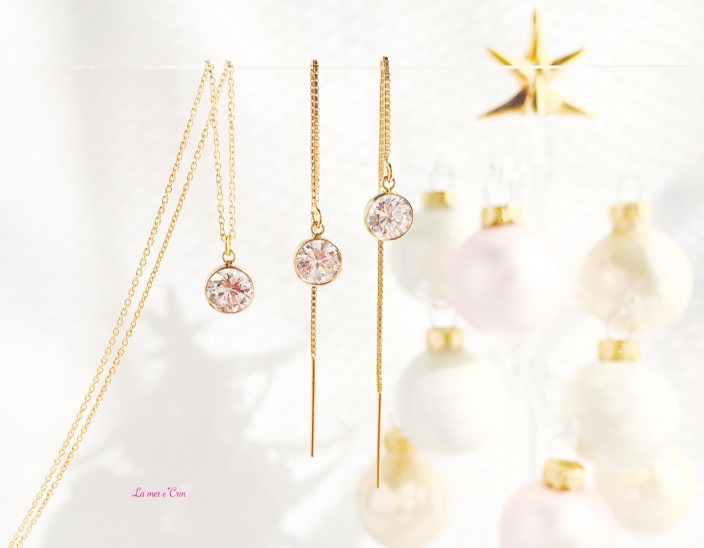 クリスマス限定セット☆14KgfとCZダイヤのドロップネックレス＆スティックチェーンピアス☆ギフトラッピング＆送料無料