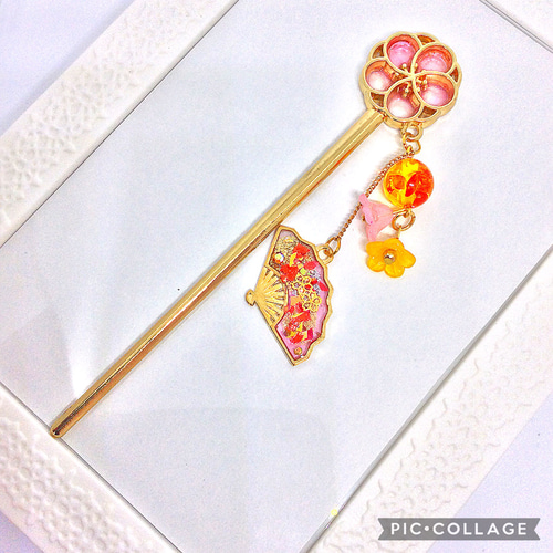 ☆揺れるかんざし 赤柄レジン扇子☆ 簪 レッド 和風 和柄