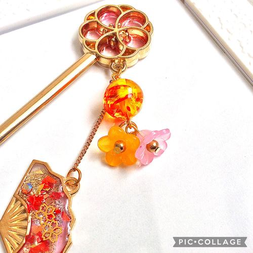 ☆揺れるかんざし 赤柄レジン扇子☆ 簪 レッド 和風 和柄