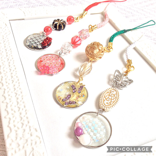 予約済の111 和風ドロップス風レジンバッグチャーム ☆和風ストラップ 赤☆ レッド レジン バッグチャーム キーホルダー 花