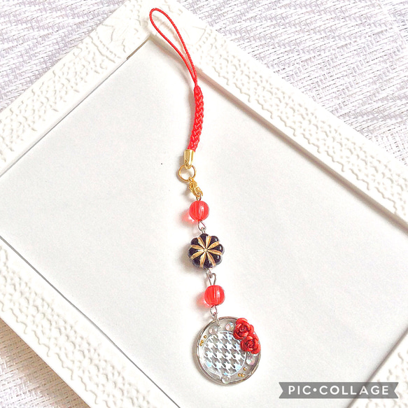 ☆和風ストラップ 黒☆ ブラック キーホルダー バッグチャーム バラ