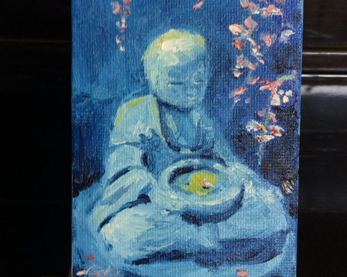 自作油画　「郷愁」 プチアート『夜桜』油絵 絵画 アトリエ風の通☆Etsuki Misu 通販