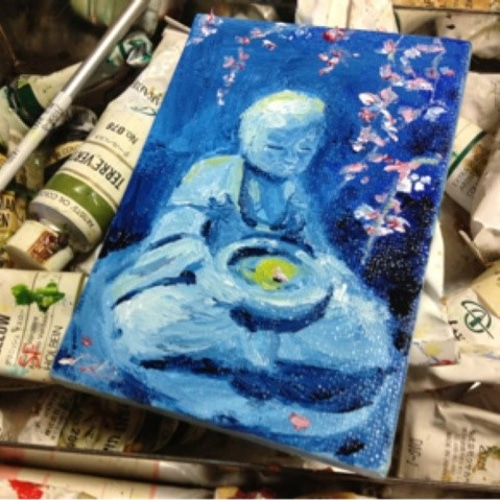 プチアート『夜桜』油絵 絵画 アトリエ風の通☆Etsuki Misu 通販