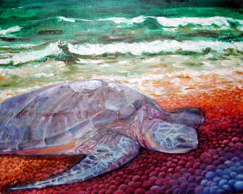 油絵 絵画 【海森のウミガメ】 油絵 絵画 【海森のウミガメ】