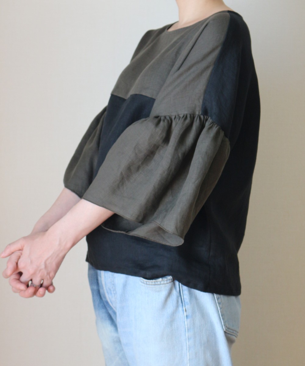 Sale30%オフ　バイカラーのふんわり袖のトップス　リネン100％
