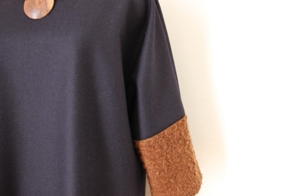 秋冬　バイカラー　上質ウール100％のチュニックワンピ　お袖ブークレー　紺×茶　　 5枚目の画像
