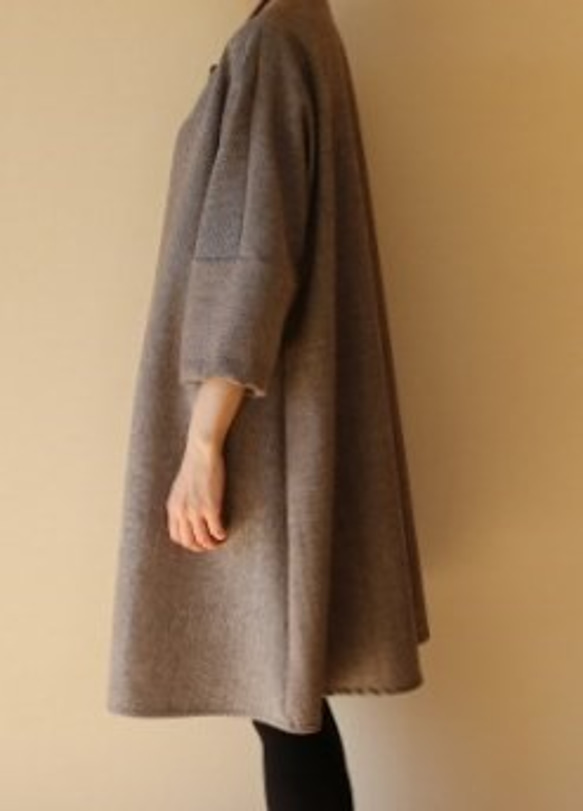 秋季/冬季雙色細羊毛束腰連衣裙Solid×人字紋棕色 第3張的照片