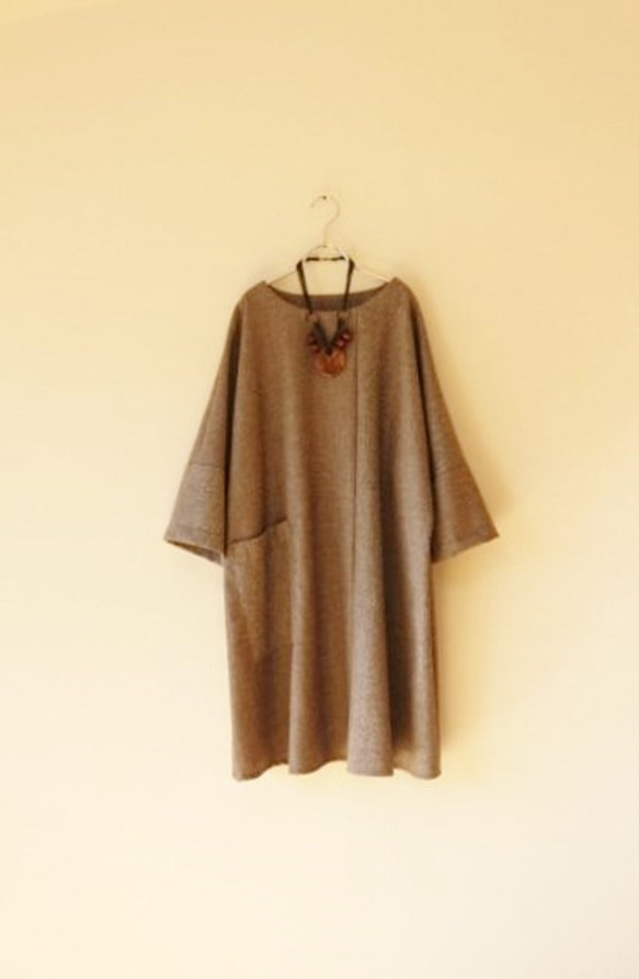 秋季/冬季雙色細羊毛束腰連衣裙Solid×人字紋棕色 第7張的照片