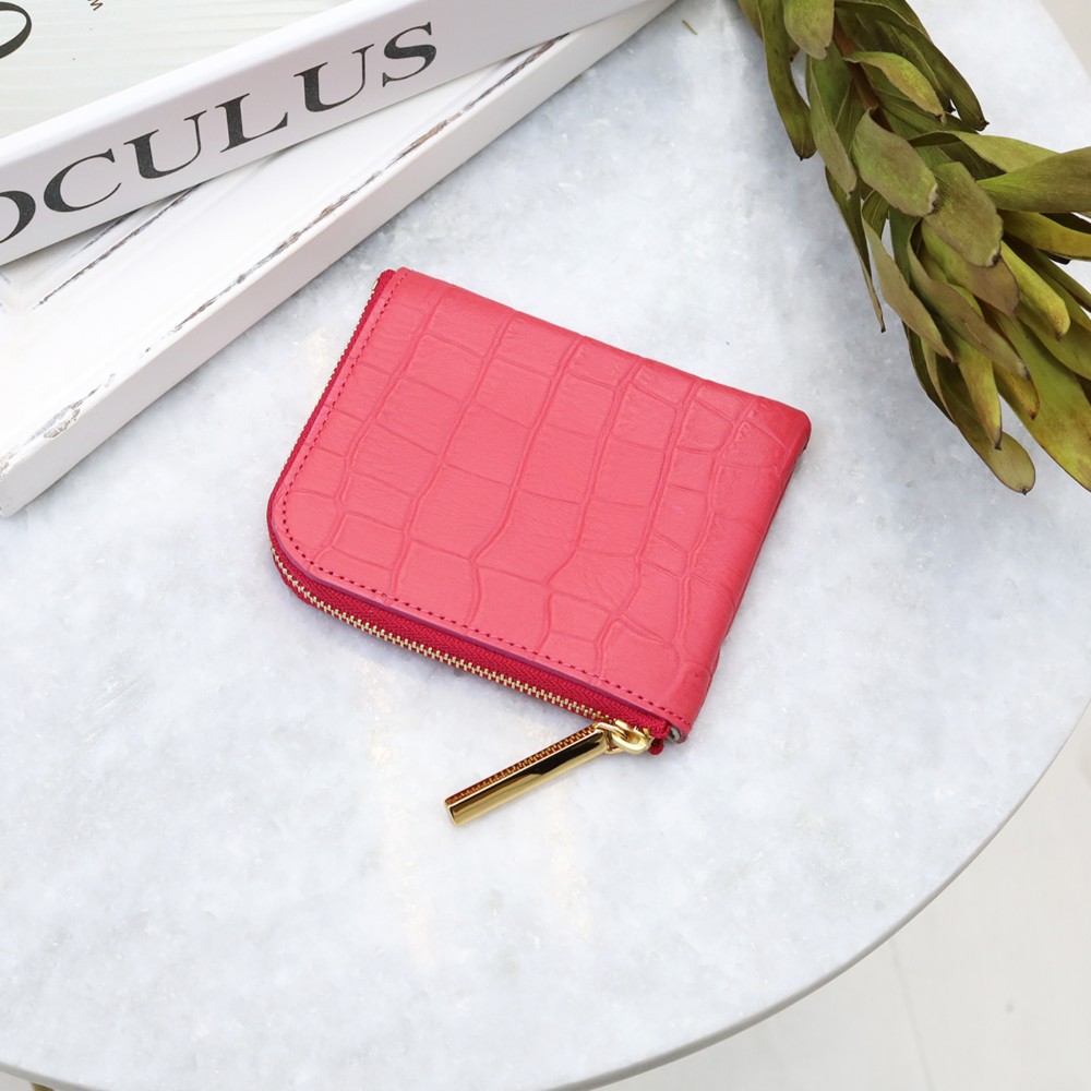 【型ビビットピンク】クロコダイル型押しレザー/高級感のある薄くて軽いコンパクトミニL字財布/コンパクト財布