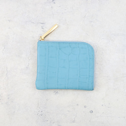 【型ブルー】クロコダイル型押しレザー/高級感のある薄くて軽いコンパクトミニL字財布/コンパクト財布 2枚目の画像